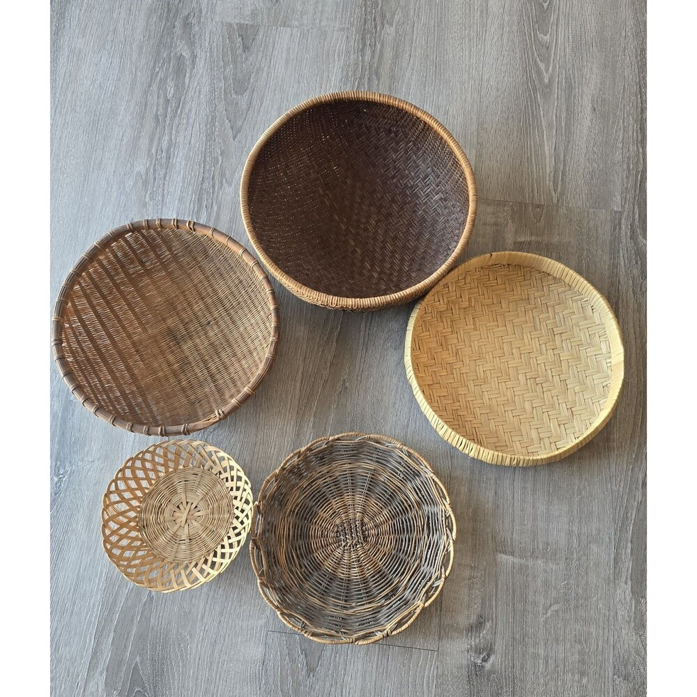 Lot Of 5 Wicker Rattan Basket Decor Boho Vintage Decor Wall / Storage - Picture 2 of 13